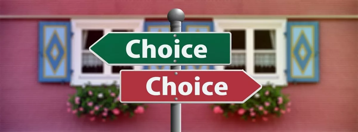 Signs showing a choice selection with two arrows going separate ways.