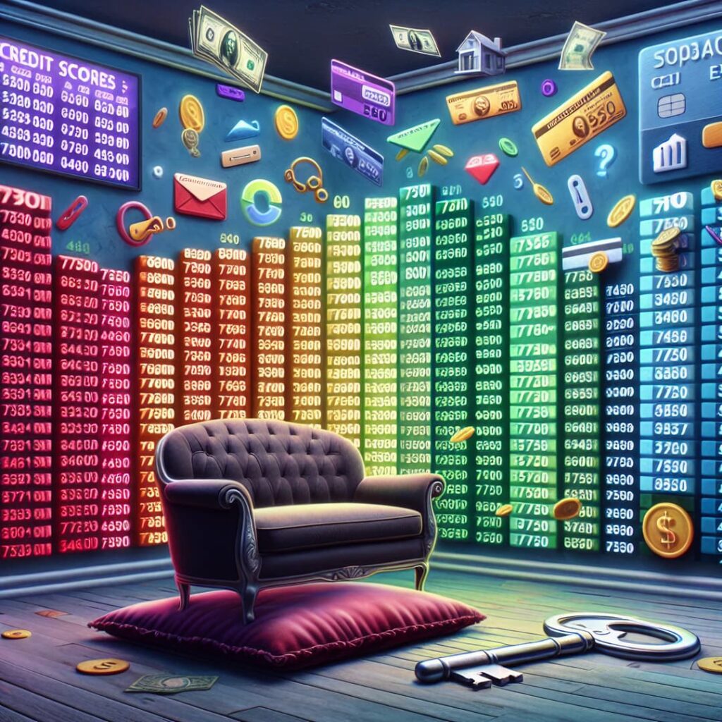 A colorful photo of a chair and credit score numbers on a wall.